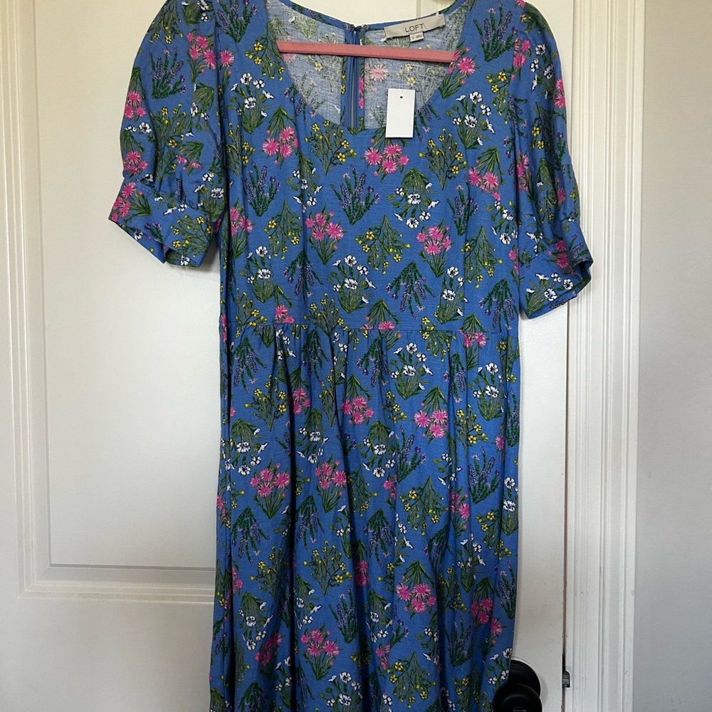 LOFT Blue and Green Floral Midi Dress